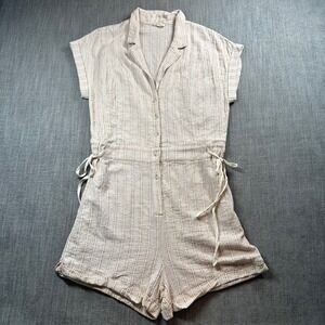 Hem & Thread Romper Women Large‎ Beige Striped Short Sleeve Button Front